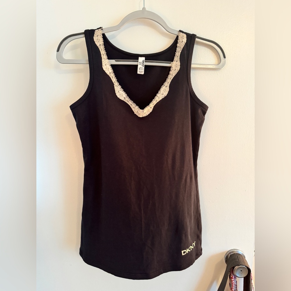 DKNY Black Cotton Lace Y2K Coquette Girl Embellished Tank Top